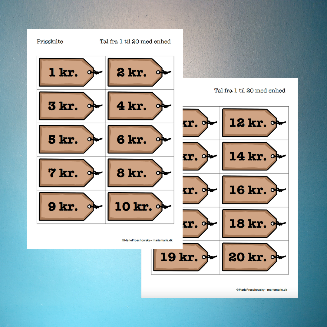 Prisskilte med tal fra 1 til 20